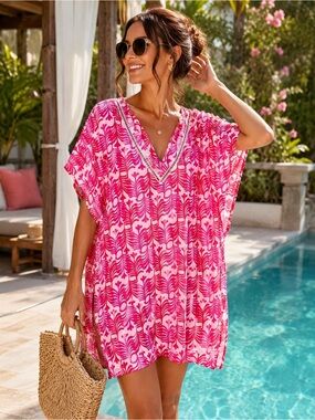Tahari Pink Resort Cover Up Tunic Kaftan Beach Swim Dress XL